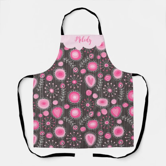ピンクお洒落の灰色のハートと花のフローラ名 エプロン (正面)