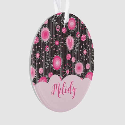 ピンクお洒落の灰色のハートと花のフローラ名 オーナメント (正面)