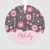 ピンクお洒落の灰色のハートと花のフローラ名 オーナメント (裏面)