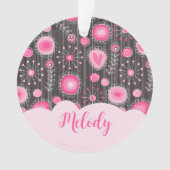 ピンクお洒落の灰色のハートと花のフローラ名 オーナメント (正面)