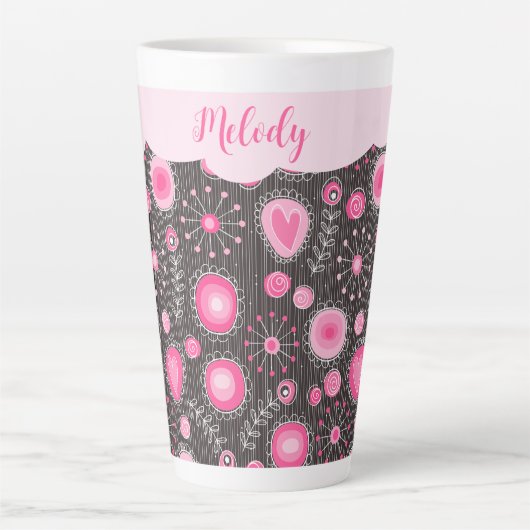 ピンクお洒落の灰色のハートと花のフローラ名 カフェラテマグ (正面)