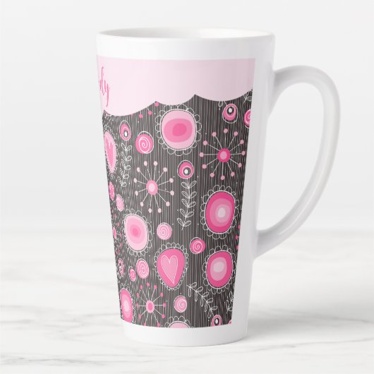 ピンクお洒落の灰色のハートと花のフローラ名 カフェラテマグ (右)
