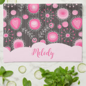 ピンクお洒落の灰色のハートと花のフローラ名 キッチンタオル (折り畳み)