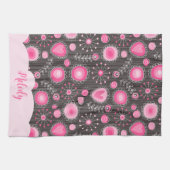 ピンクお洒落の灰色のハートと花のフローラ名 キッチンタオル (横)