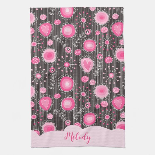 ピンクお洒落の灰色のハートと花のフローラ名 キッチンタオル (縦)
