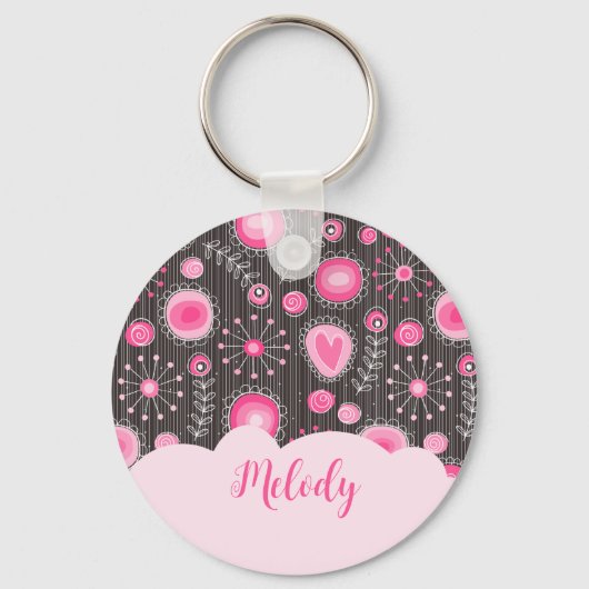 ピンクお洒落の灰色のハートと花のフローラ名 キーホルダー (正面)