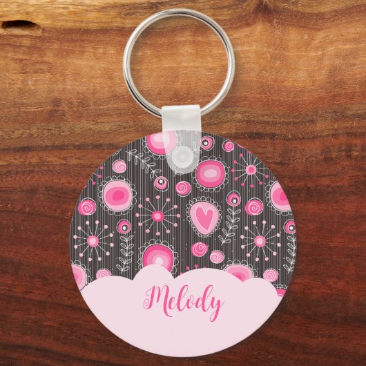 ピンクお洒落の灰色のハートと花のフローラ名 キーホルダー (正面)