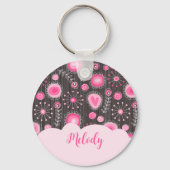 ピンクお洒落の灰色のハートと花のフローラ名 キーホルダー (裏面)