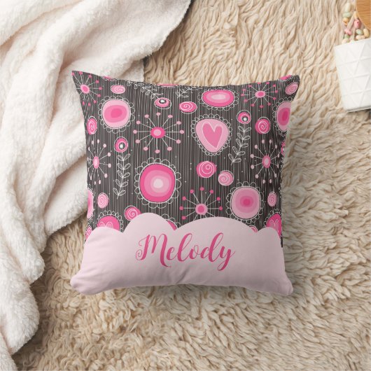 ピンクお洒落の灰色のハートと花のフローラ名 クッション (ブランケット)