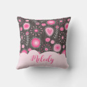 ピンクお洒落の灰色のハートと花のフローラ名 クッション (裏面)