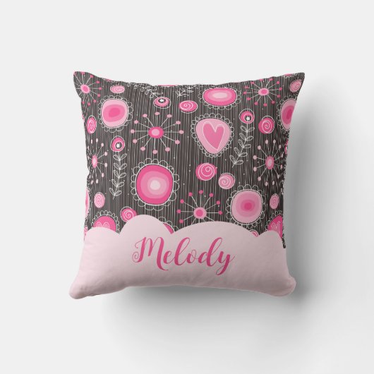 ピンクお洒落の灰色のハートと花のフローラ名 クッション (裏面)