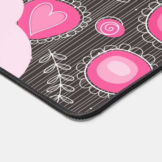 ピンクお洒落の灰色のハートと花のフローラ名 デスクマット (コーナー)