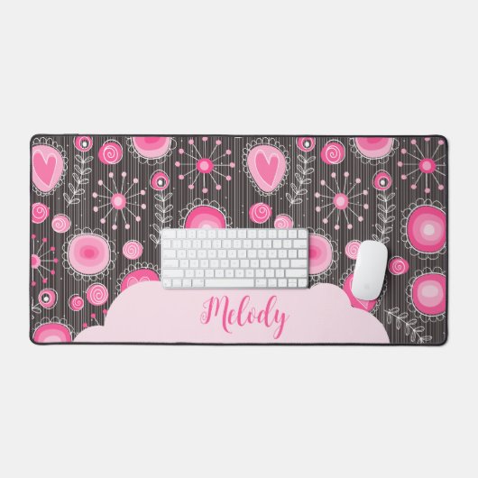 ピンクお洒落の灰色のハートと花のフローラ名 デスクマット (キーボード&マウス)