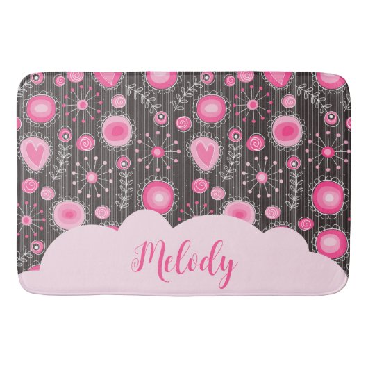 ピンクお洒落の灰色のハートと花のフローラ名 バスマット (正面)