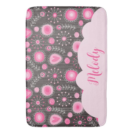 ピンクお洒落の灰色のハートと花のフローラ名 バスマット (正面縦)