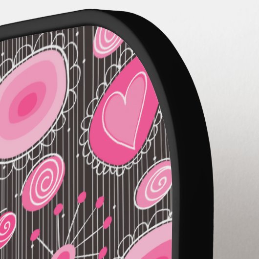 ピンクお洒落の灰色のハートと花のフローラ名 ピックルボールラケット (左詳細)