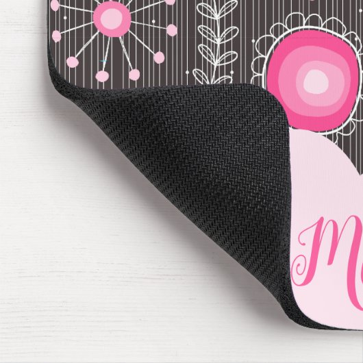 ピンクお洒落の灰色のハートと花のフローラ名 マウスパッド (コーナー)