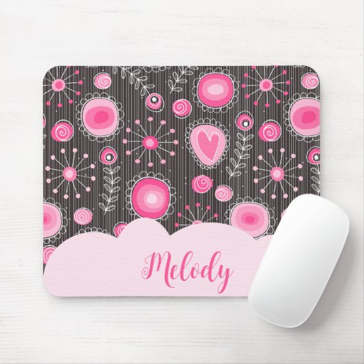 ピンクお洒落の灰色のハートと花のフローラ名 マウスパッド (マウス)
