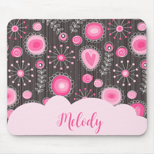 ピンクお洒落の灰色のハートと花のフローラ名 マウスパッド (正面)