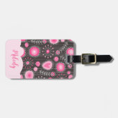 ピンクお洒落の灰色のハートと花のフローラ名 ラゲッジタグ (正面横)