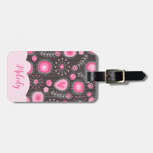ピンクお洒落の灰色のハートと花のフローラ名 ラゲッジタグ (正面横)