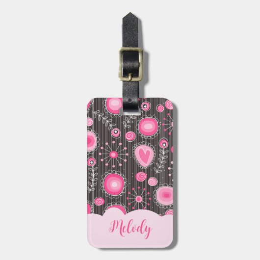 ピンクお洒落の灰色のハートと花のフローラ名 ラゲッジタグ (正面縦)