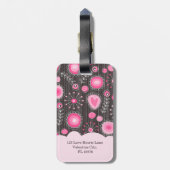 ピンクお洒落の灰色のハートと花のフローラ名 ラゲッジタグ (裏面縦)