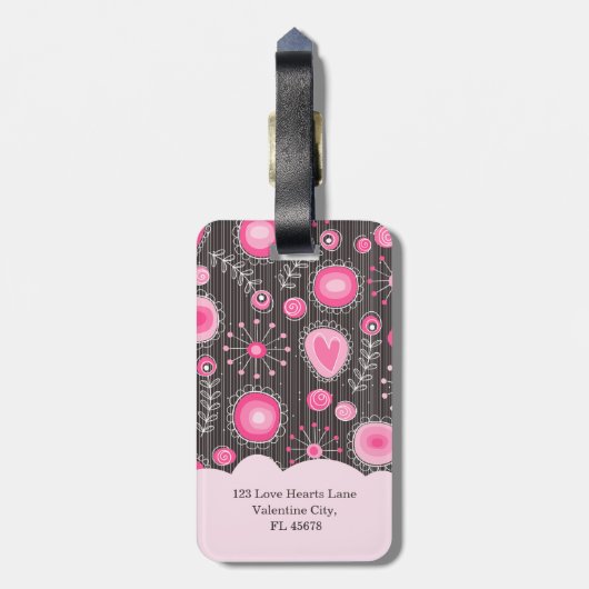 ピンクお洒落の灰色のハートと花のフローラ名 ラゲッジタグ (裏面縦)