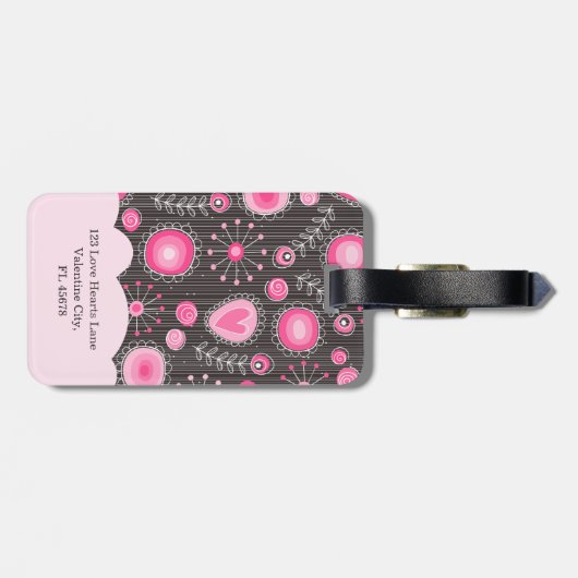 ピンクお洒落の灰色のハートと花のフローラ名 ラゲッジタグ (裏面横)
