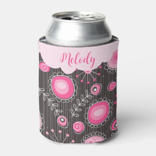 ピンクお洒落の灰色のハートと花のフローラ名 缶クーラー (缶正面)