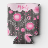 ピンクお洒落の灰色のハートと花のフローラ名 缶クーラー (正面)