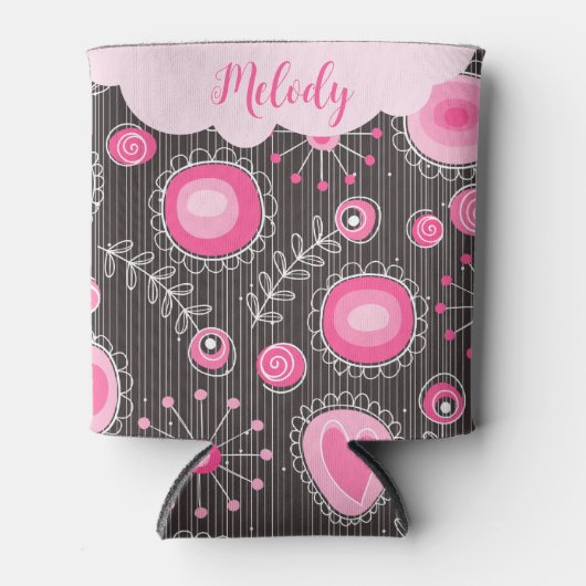 ピンクお洒落の灰色のハートと花のフローラ名 缶クーラー (正面)