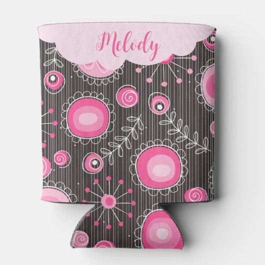 ピンクお洒落の灰色のハートと花のフローラ名 缶クーラー (裏面)