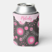 ピンクお洒落の灰色のハートと花のフローラ名 缶クーラー (缶裏面)