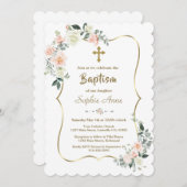 ピンクお洒落の白い花金ゴールドガールバプテスマ 招待状 (正面/裏面)