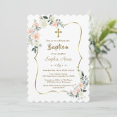 ピンクお洒落の白い花金ゴールドガールバプテスマ 招待状 (スタンド正面)
