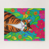 ピンクお洒落の花が咲いたストライプのオレンジ色の猫 ジグソーパズル (横)