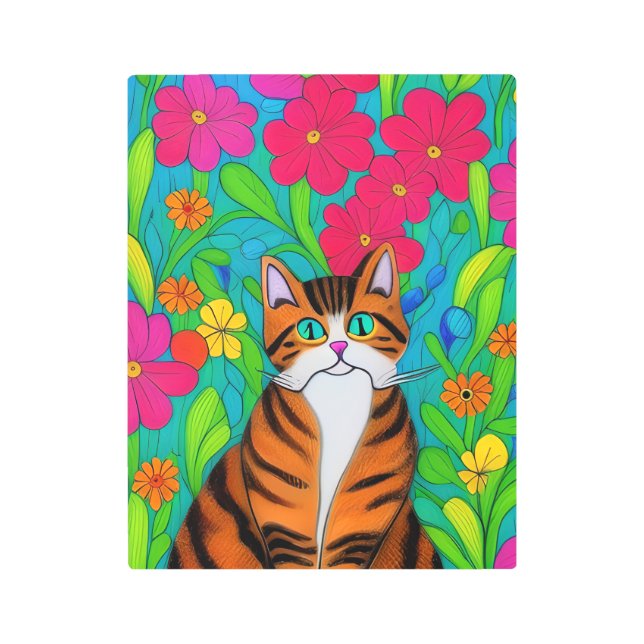 ピンクお洒落の花が咲いたストライプのオレンジ色の猫 メタルプリント (正面)