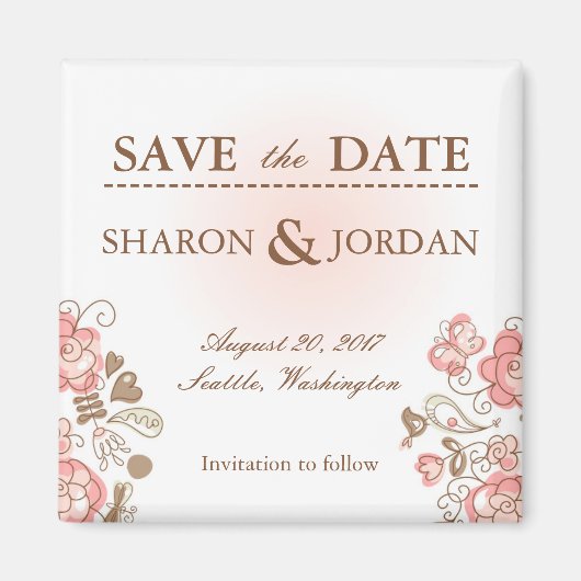 ピンクお洒落の花と鳥は日付を保存する マグネット (正面)