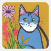 ピンクお洒落の花を使った青い猫フォークアート スクエアシール (正面)