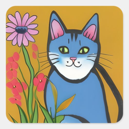 ピンクお洒落の花を使った青い猫フォークアート スクエアシール (正面)