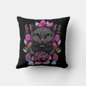 ピンクお洒落の花を咲かせた灰色の猫 クッション (裏面)