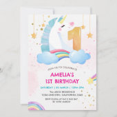 ピンクお洒落の虹のユニコーン1st誕生日パーティー 招待状 (正面)