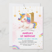 ピンクお洒落の虹のユニコーン1st誕生日パーティー 招待状 (正面)