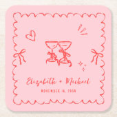 ピンクお洒落の赤い波状の結婚枠 スクエアペーパーコースター (正面)