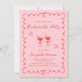 ピンクお洒落の赤い波状フレームバチェロレッテ 招待状 (正面)