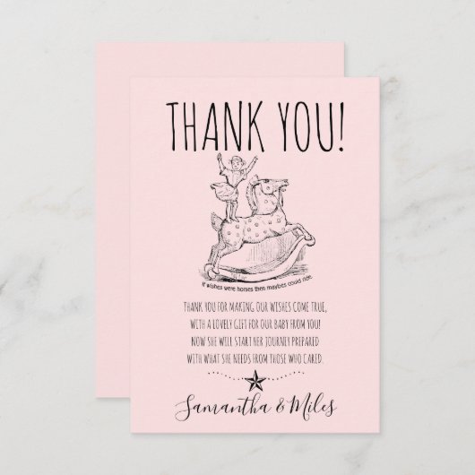 ピンクお洒落の赤ちゃん女の子の赤ちゃんシャワーロッキングホース サンキューカード (正面/裏面)