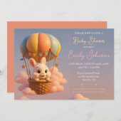 ピンクお洒落の雲を持つバニー熱気球 招待状 (正面/裏面)