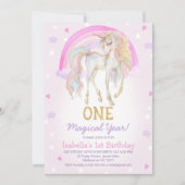 ピンクお洒落の魔法の年ユニコーンの最初の誕生日 招待状 (正面)