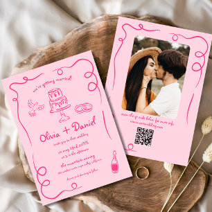 ピンクお洒落のQRコード手書き写真結婚の 招待状